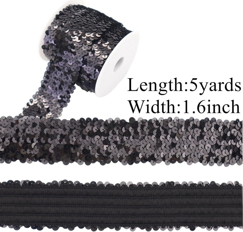 GXTIZAS Elastic Sequin Ribbon Trim 1.6 Inch Wide Black Metallic Sequins Trim 5 Yards Stretch Lace for Sewing Clothes Home Party Decoration - Image 2